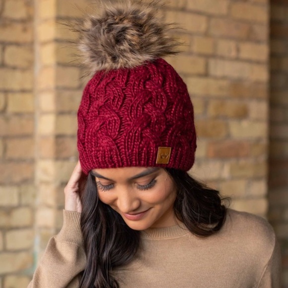 SOLD OUT Maroon Cable Knit Beanie Hat w/ Faux Fur Fleece Lined Pompom Winter Hat - Picture 2 of 5